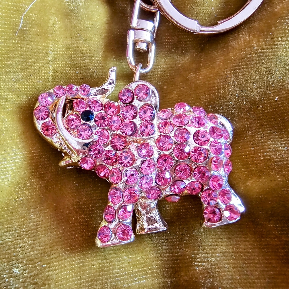 Pink & Gold Tone Rhinestones Elephant Charm Key Chain